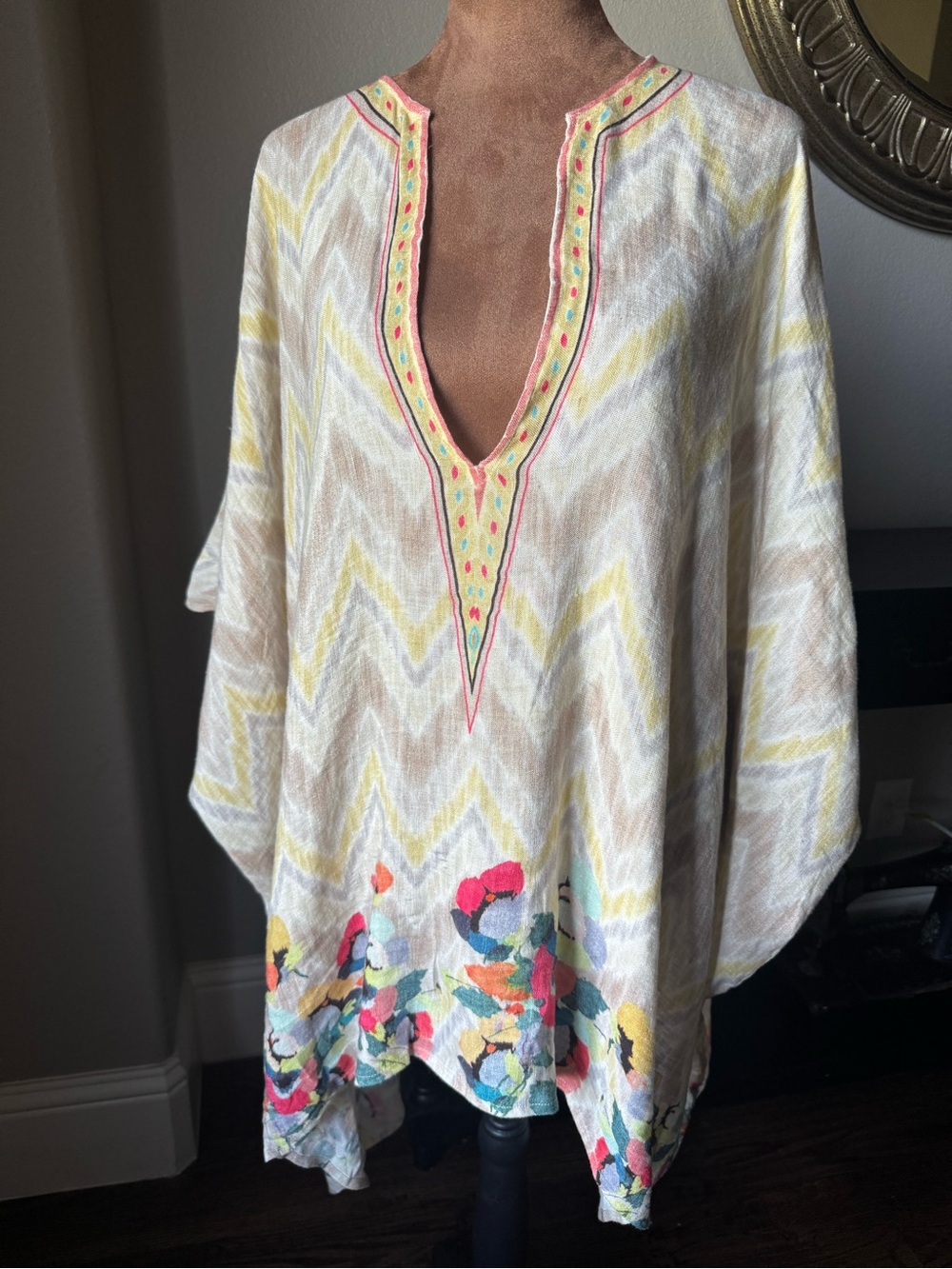 BL-NK London 100% Linen Chevron Kaftan Tunic Top One Size Boho Resort